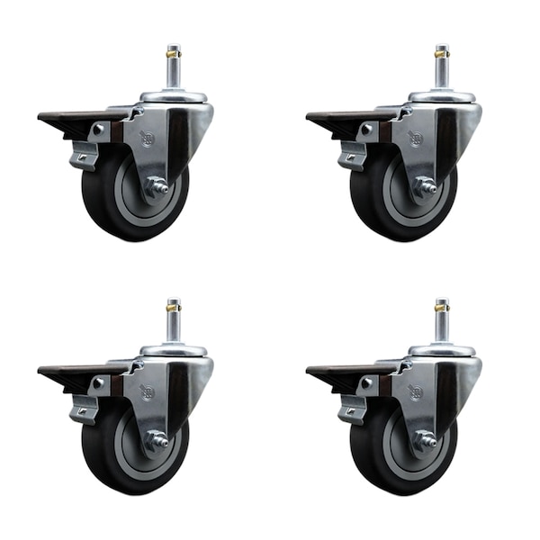 Service Caster 3.5'' Thermo Rubber Swivel 7/16'' Grip Ring Stem Caster Set with Brake, 4PK SCC-GR20S3514-TPRB-PLB-716138-4 - main